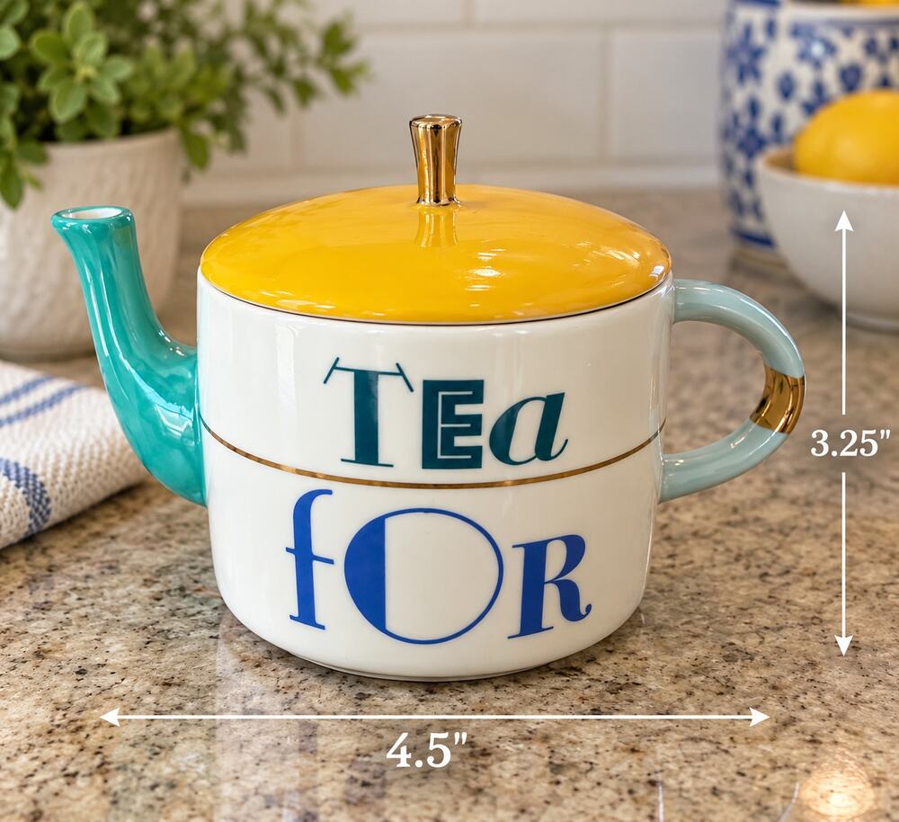 Anthropologie Tea For One Teapot Cup Set Yellow Lid Turquoise Handle Retro 2009!